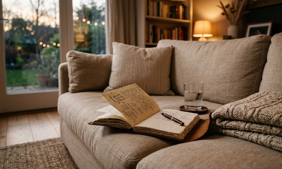 Scena serale tranquilla con un quaderno, un bicchiere d&rsquo;acqua e una coperta morbida, luce calda