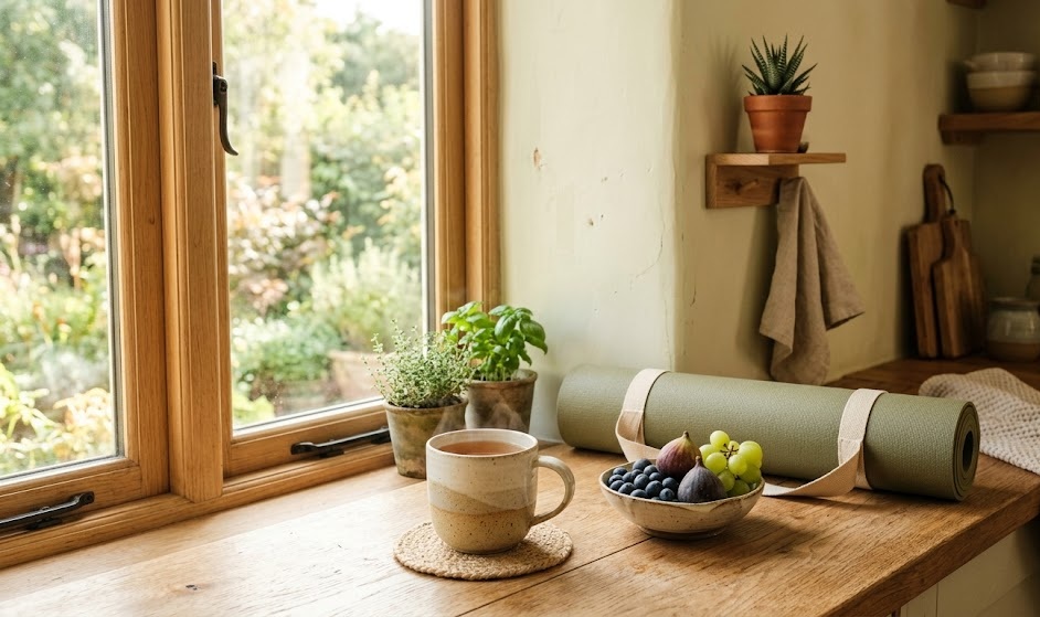 Angolo luminoso di una cucina con tè alle erbe, frutta fresca e un tappetino, in tonalità calde e naturali